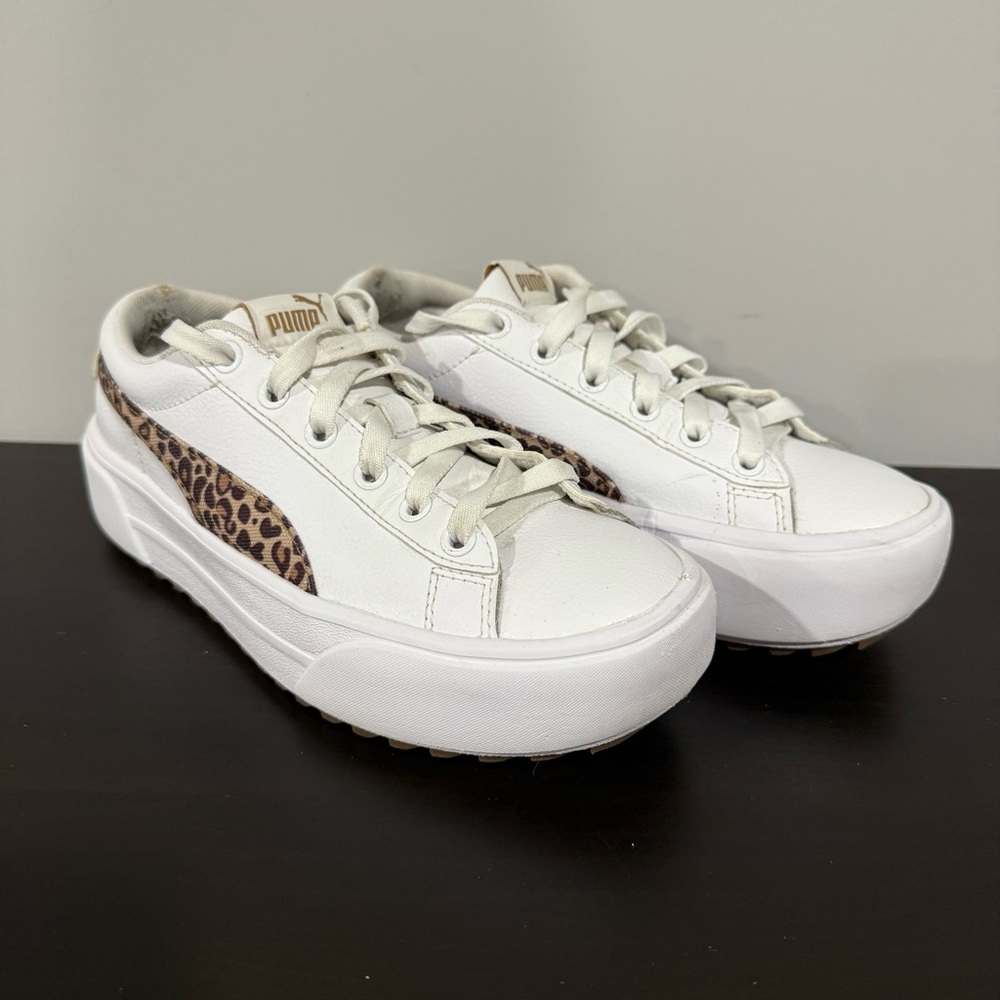 Puma White and Tan Sneakers with Leopard Print